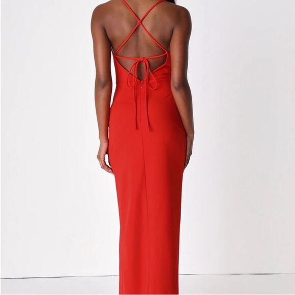 NWT Lulus Romantic Thoughts Red Cowl Neck Lace-Up Maxi Dress L - Picture 2 of 9